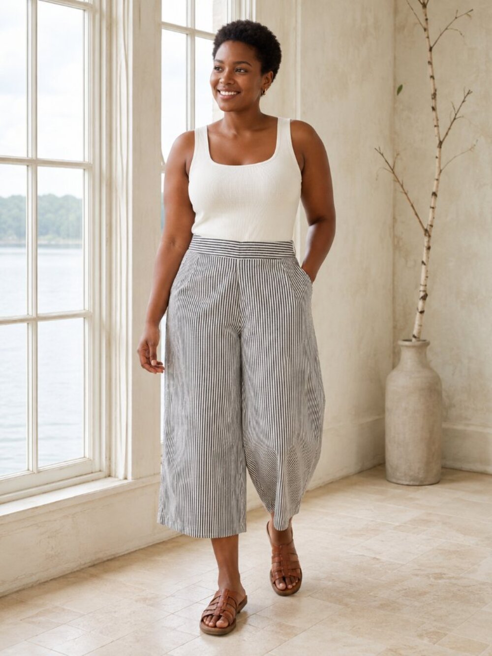 Nado Capri Wide Leg Striped Pants Boho Style Size Large Cotton Blend Pockets NWT